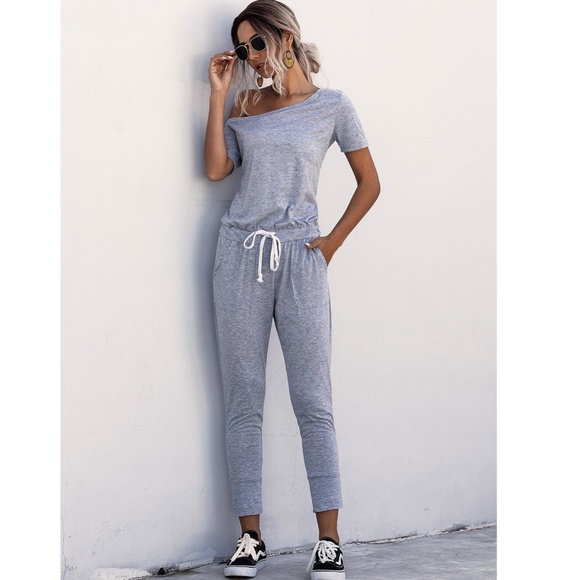 Contrast Tie Short Sleeve Grey Jumpsuit - Picture 5 of 16
